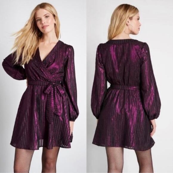 ModCloth Your Time To Shine Purple Metallic Faux Wrap Dress Size Medium - Picture 1 of 15